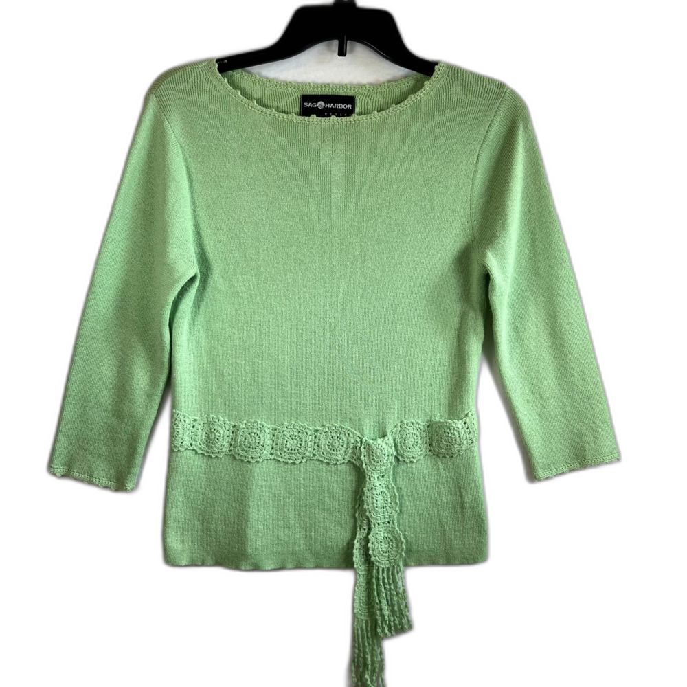 Sag Harbor 3/4 Sleeve Sweater Spring Green Fairy Cottage Crochet Belt Sz PS EUC